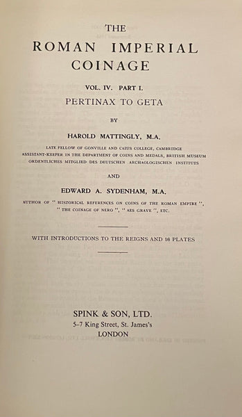 The Roman Imperial Coinage, Volume IV, Part I - Pertinax to Geta